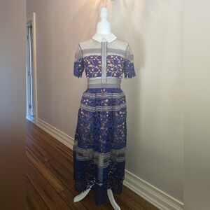 Self-Portrait Blue and White Embellished Tiered Sheath Dress
